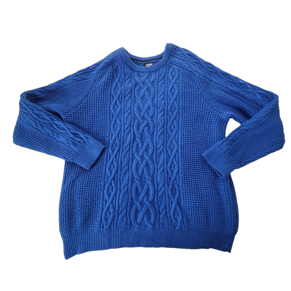 Lands End Sweater Adult XL Blue Chunky Cable Knit Long Sleeve Heavy Cotton Wool